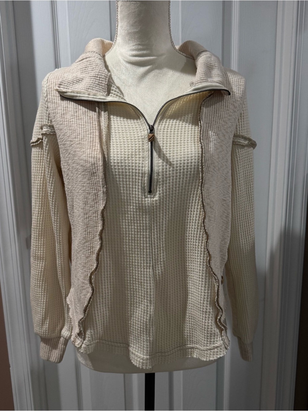 BKE Cream Waffle-Knit Zip Pullover